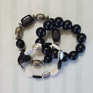 Elegant Set Of 3 Black and Silver Beaded Stretchy Bracelets